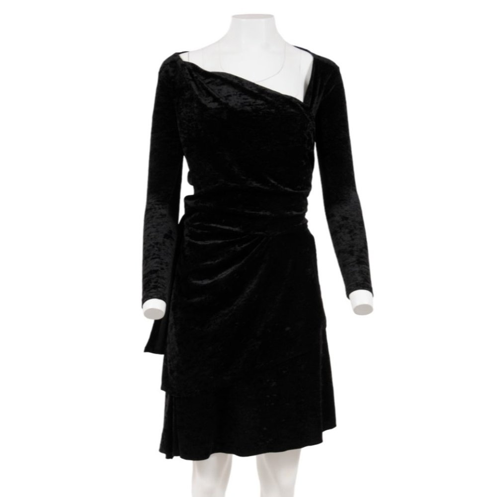 Balenciaga Women Wrap Mini Dress 38 Black Crushed Velvet Tie Back Off Shoulder
